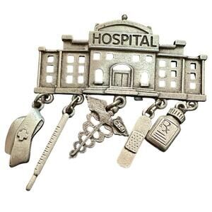 Vintage signed jj jonette pewter hospital pin  5 dangling charms